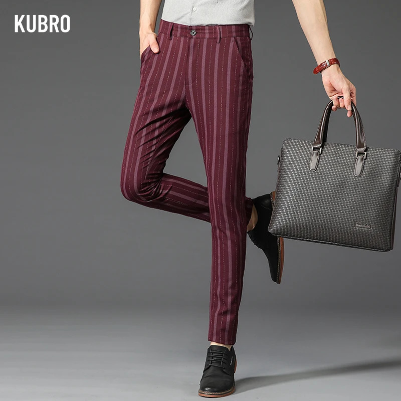 KUBRO Spring Autumn Stripe Pants Men Classic Business Elastic Waist Slim Formal Suit Casual Trousers Fashion High Quality 240806