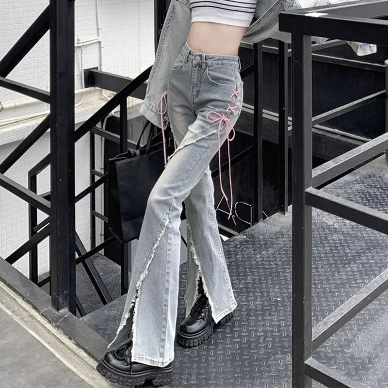 Woman High Waist Y2k Flare Jeans Girls Pink Strap Harajuku Bell Bottom Pants Lady Fashion Spliced Light Blue Denim Trousers 240807