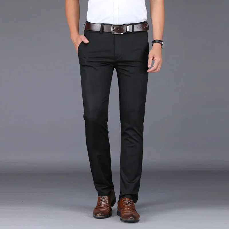 Summer Ultrathin Mens Ice Silk Casual Pants Soft Comfortable Solid Color Elastic Business Straight Trousers Man Navy Blue 240806