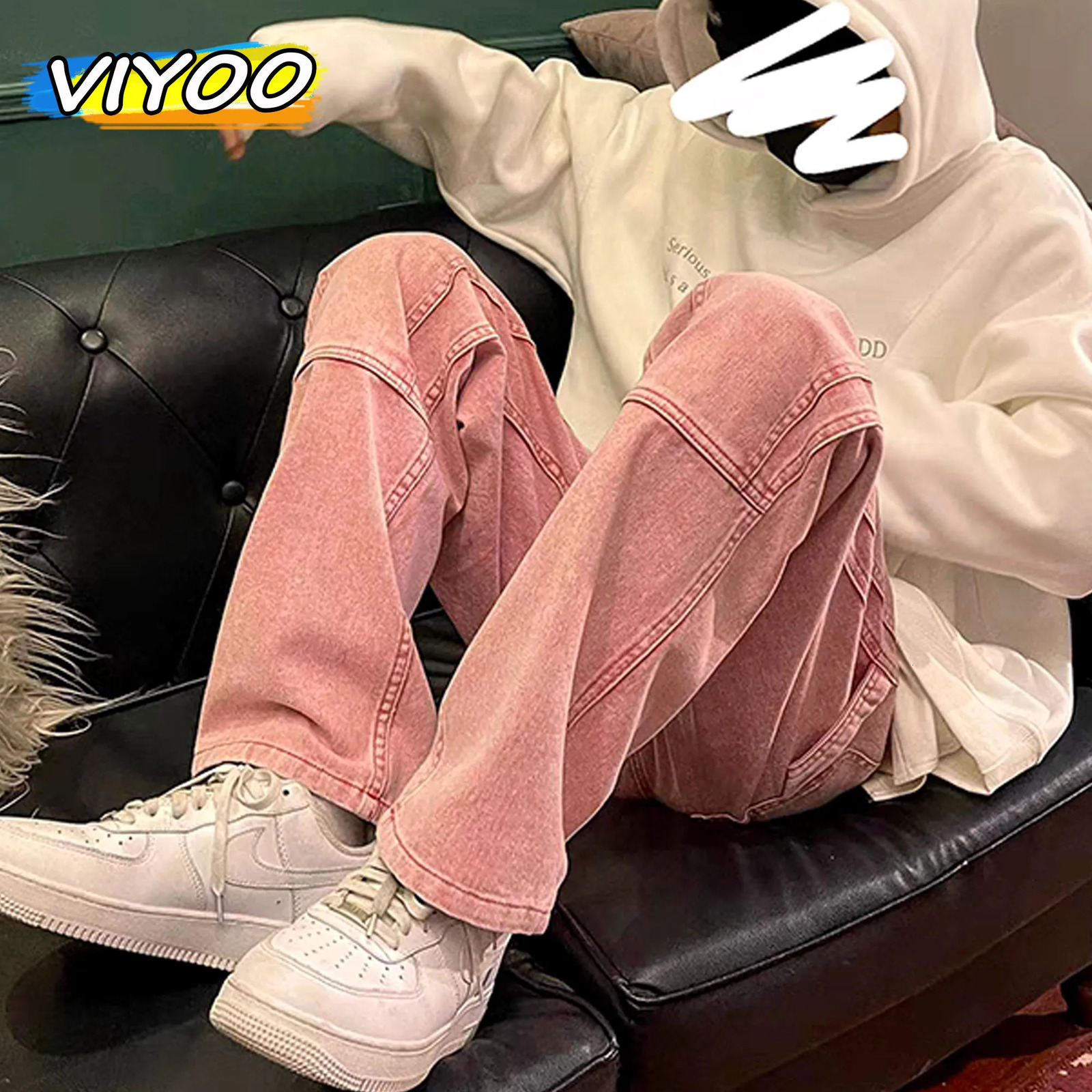 Mens Y2K Oversized Clothes 5XL Vintage Pink Jeans Baggy Harajuku Casual Cargo Denim Wide Leg Pants Cotton Korean Mens Trousers 240814