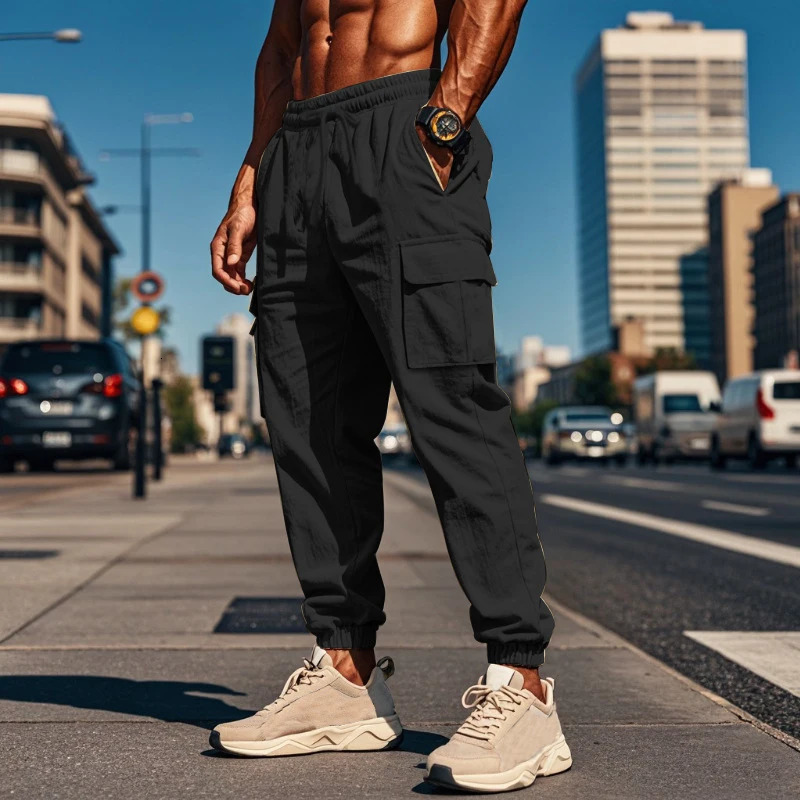 Vintage Loose Drawstring Mens Cotton Pants Stylish Solid Color Breathable Cargo Streetwear Fashion Pocket Men 240806