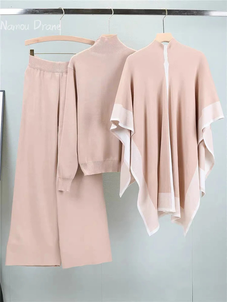 Korean elements Fashion Three-piece Set for Women Autumn Knitted Long-sleeved Sweater Shawl Sports Casual Pants Suit 240807