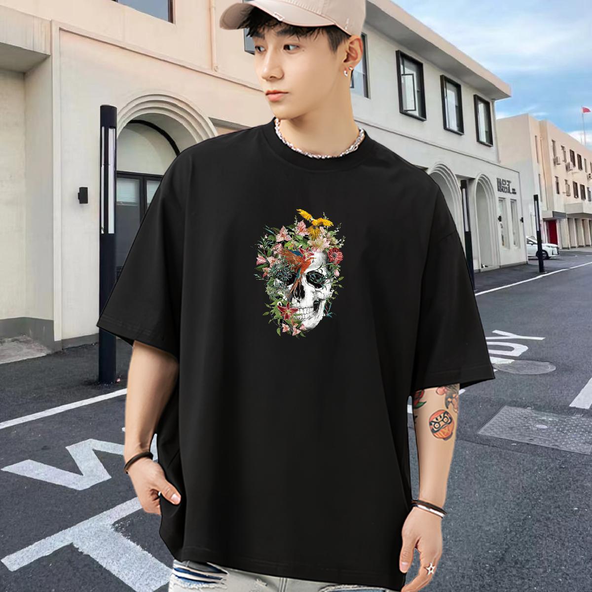 Casual New T Shirts Men skull Polos 230g 100% Cotton Sport Unisex Anime Print O-Neck Short Sleeve Men Clothes T-Shirt