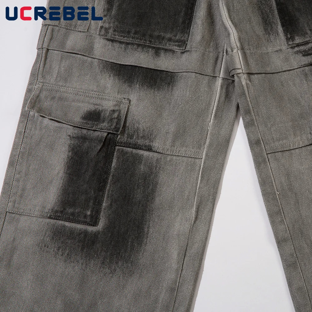 MultiPocket Cargo Trousers Mens Washed Distressed High Street Loose Straight Wide Leg Pants Men 240806