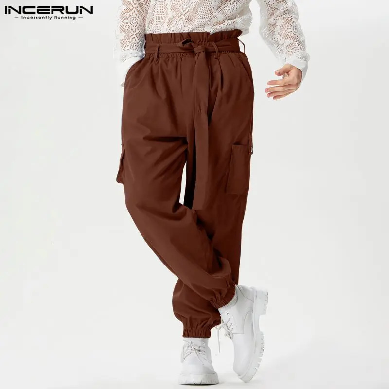 INCERUN Men Cargo Pants Solid Joggers Elastic Waist Trousers With Belt Streetwear Loose Fashion Casual Pantalon S5XL 240806
