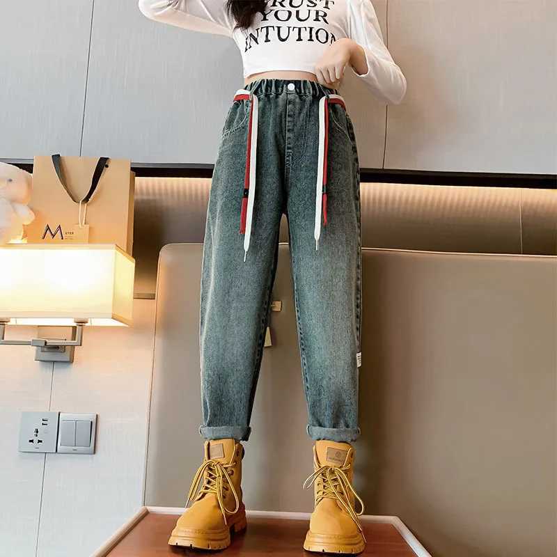 Jeans Girls Elastic High Waist Patchwork Jeans Loose Blue Denim Pants for Teen Straight Trousers Casual Harem Jean Clothing 5-14 Years