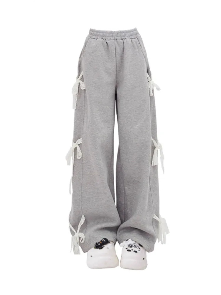 Womens Grey Lace Lace-up Pants Vintage Y2k Harajuku 90s Aesthetic Sweatpants Retro High Waist Wide Trousers 2000s Clothes 240821