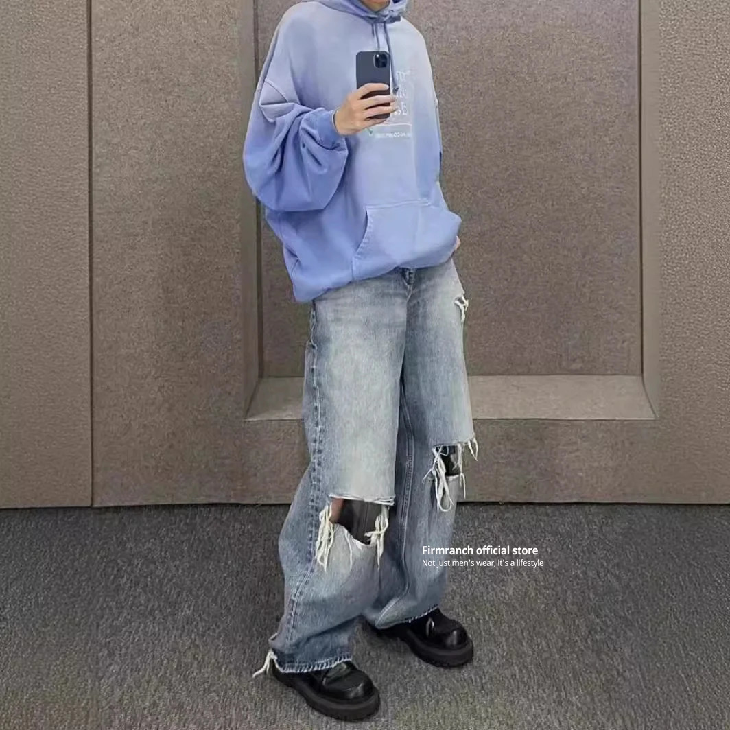Firmranch Blue Baggy Ripped Jeans For Men Women Oversized Worn Denim Pants Big Broken Hole On Knee Streetwear Trousers 240806