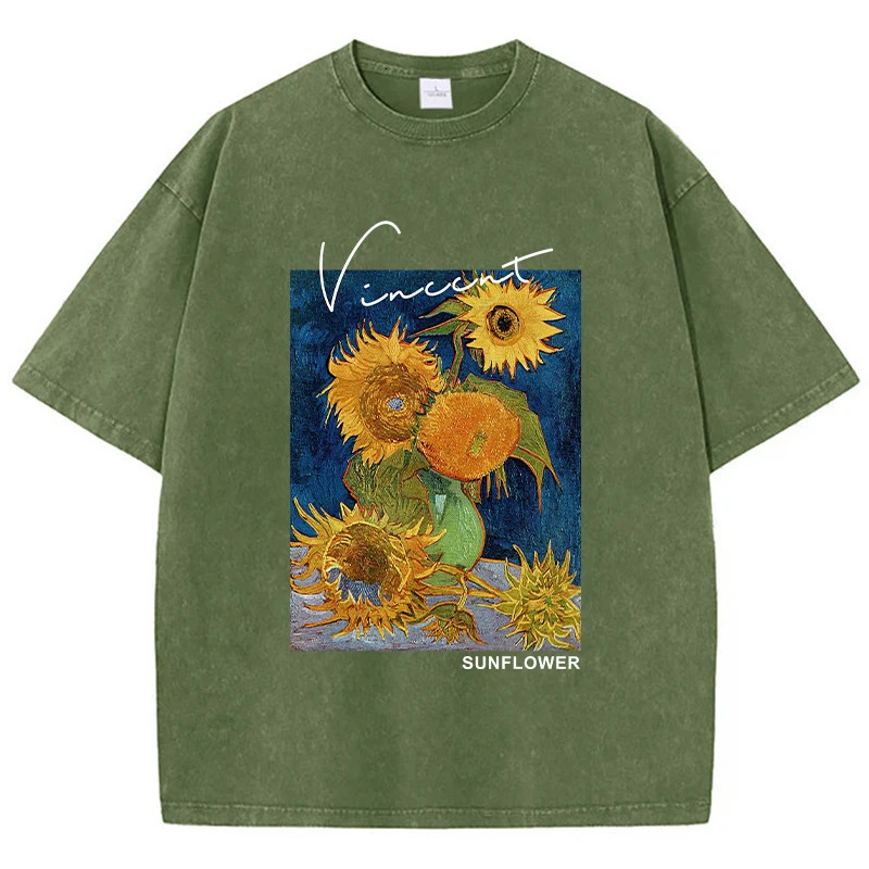 Van Gogh Sunflower Print Printing T-Shirts Man Casual 100% Cotton T-Shirt Breathable Clothing Casual Oversized Tee Shirt 240807