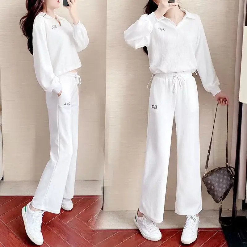 Casual Sports Suit For Women Spring Autumn Fashion Height And Slimming High-end Tops And Wide Leg Pants 2 Two Piece Set 240807