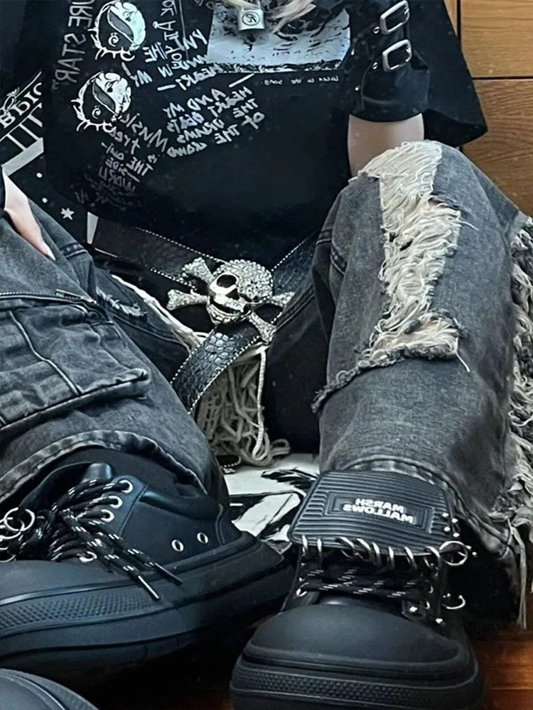 American Heavy Hole Denim Cargo Pants Y2k E-Girl High Waist Street Straight Trousers Summer Loose Bell Bottom Jeans 240807