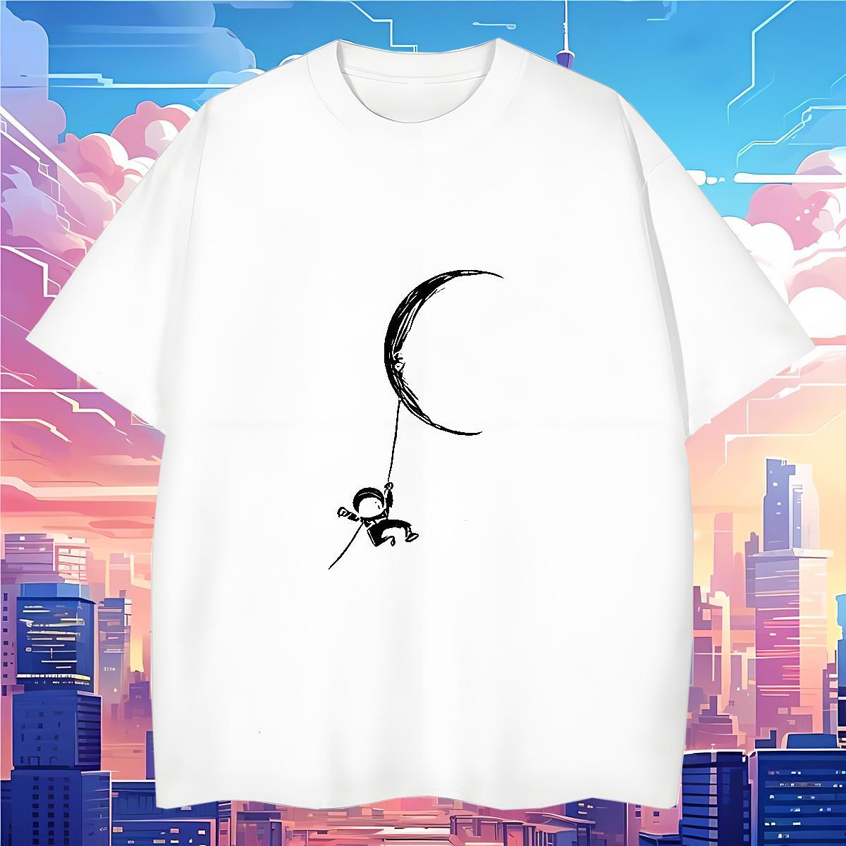 Classic Casual T-Shirts for Men moon Top Tees 100% Cotton 230g Spring Summer Comfortable Cartoon Print Short Sleeve O-Neck Men Tops Tees
