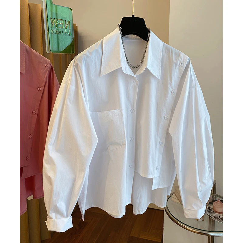 Early Spring Loose Casual Asymmetric Irregular Pink Shirt Women Chic Fashion Short Blouse Solid Color Top 240807