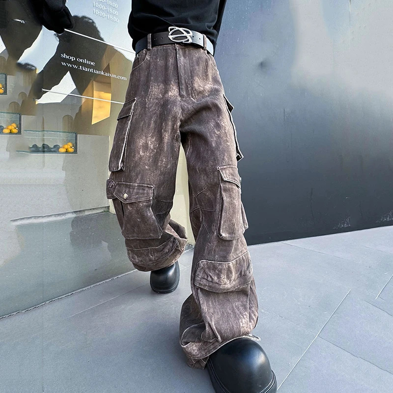 FEWQ Washed Mens Wide Leg Pant Multipockets Male Straight Trousers Casual Gradient Color Niche Design Spring Trendy 9C4400 240806