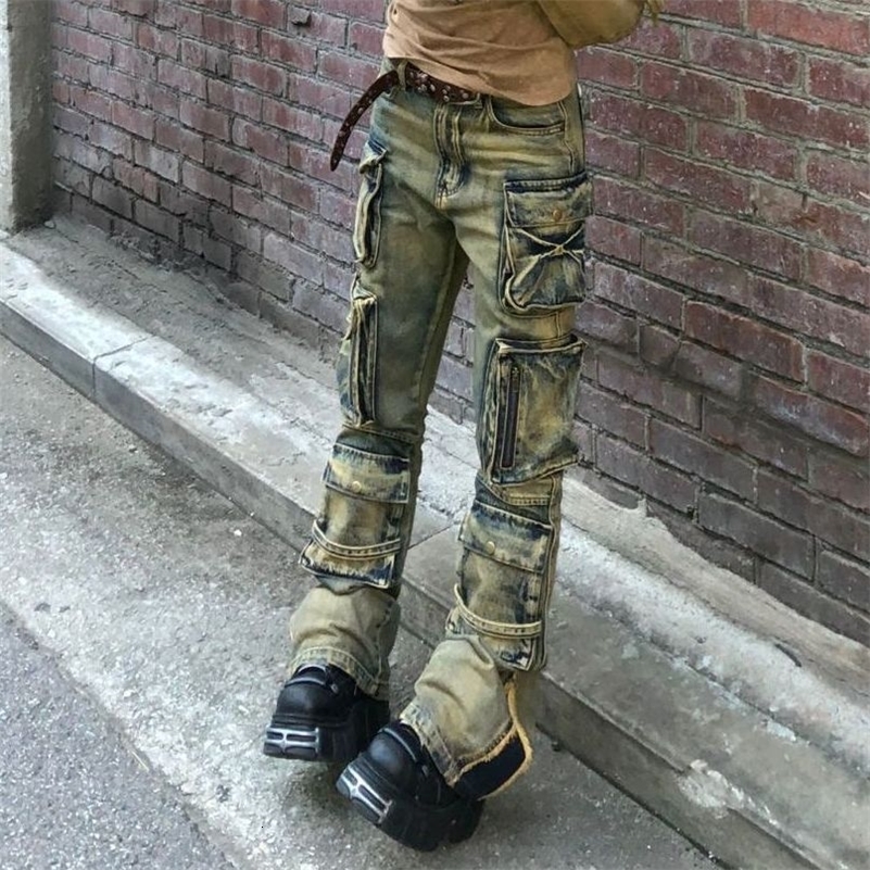 Stylish Street Pocket Cargo Pants for Women American Retro Straight Jeans Japanese Harajuku Style Y2k Trousers Women Jeans 240806