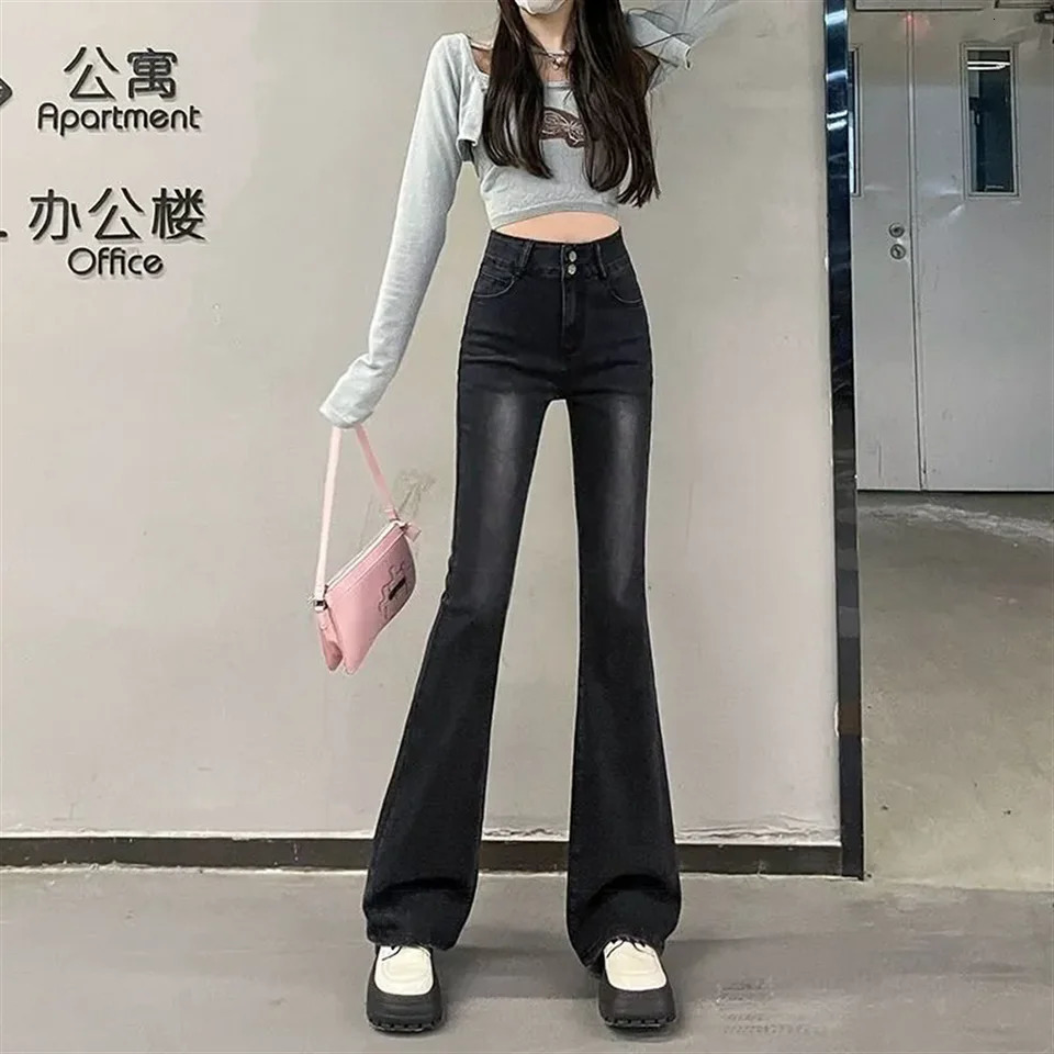 Fashion Skinny Bell Bottom High Waist Gray Denim Pants Women Flare Stretch Moustache Jeans Lady Classic Y2K Punk Long Trousers 240807