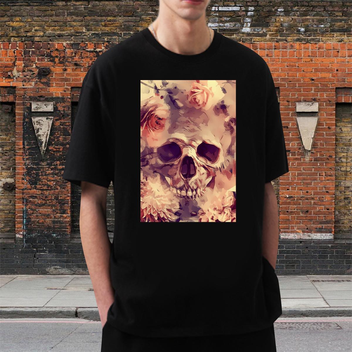 Casual New T Shirt For Man skull Tops Shirt 230g Pure Cotton Street Casual Unisex Custom Print Oversized Breathable Short Sleeve Men Tshirts