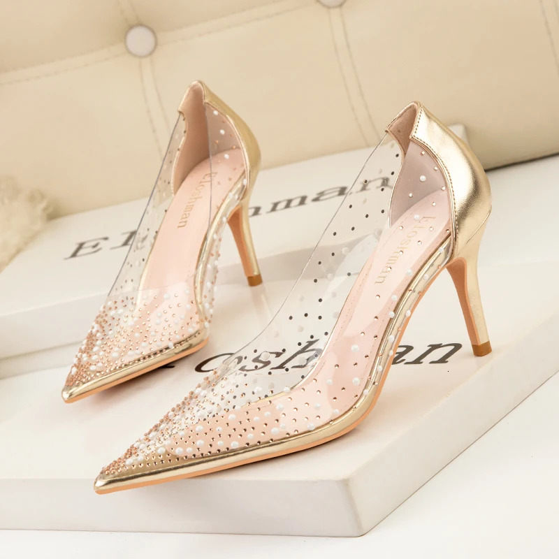 Fashion gold rhinestone PVC transparent womens pump spring and autumn fine high heels sexy party wedding shoes 240802
