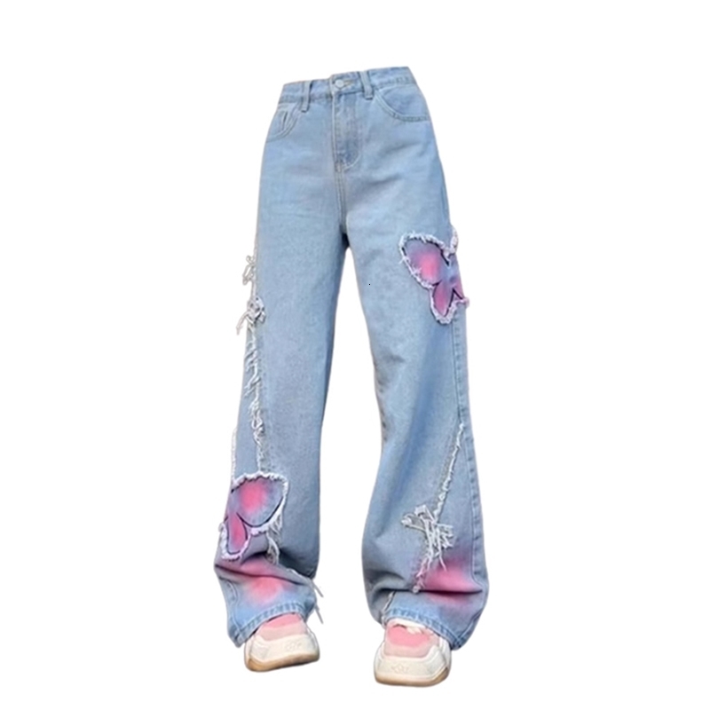 Womens Blue Butterfly Jeans Baggy Vintage Y2k Denim Trousers 2000s Harajuku Wide Leg Cowboy Pants Trashy 90s Aesthetic Clothes 240806