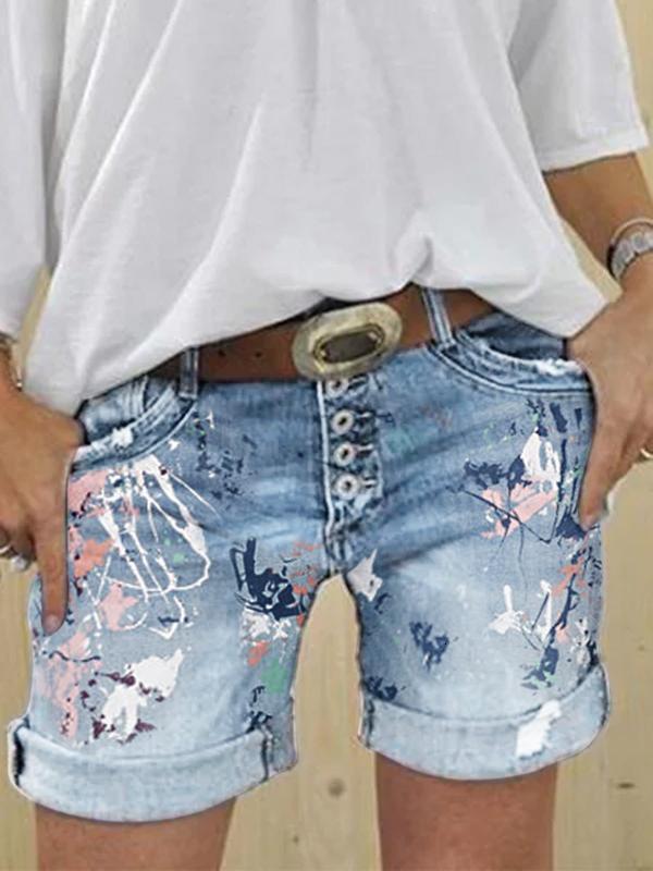Summer new shorts, washed printed denim jeans, women's clothing