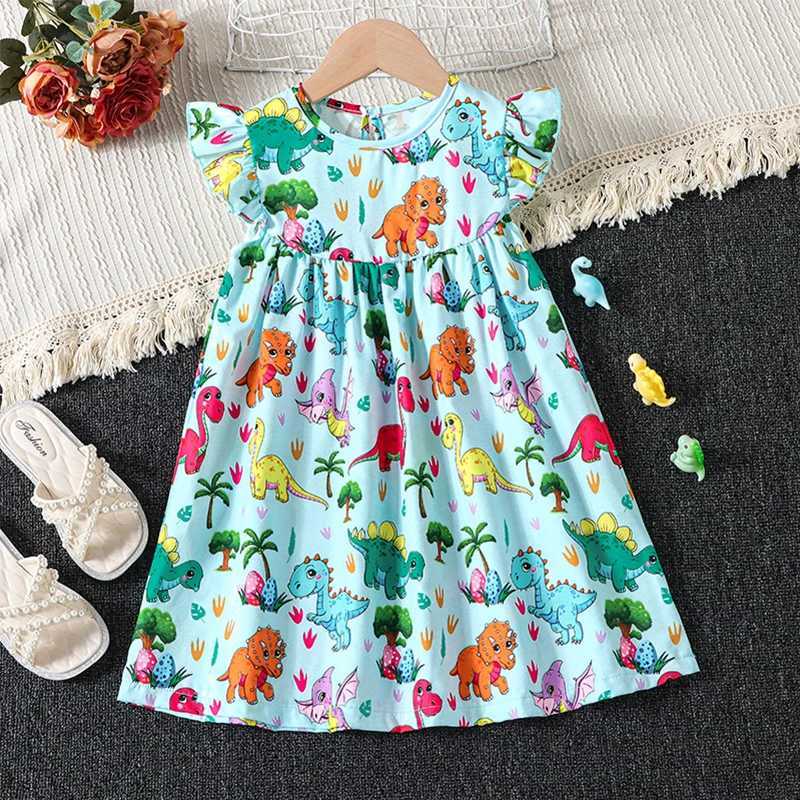 1-6 Year Old Preschool Girl Dinosaur Dress with Folded Sleeves Sundress Little Girl A-Line Summer Soft Dress Casual Fashion SetW240720