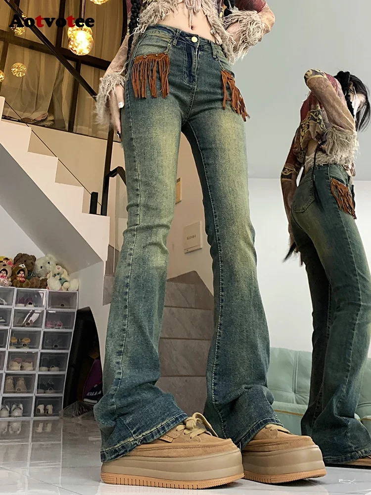 Aotvotee Jeans Woman High Waisted Denim Bell Bottom Pants Tassel Pocket Chic Street Vintage Washed Korean Fashion Jeans 240807