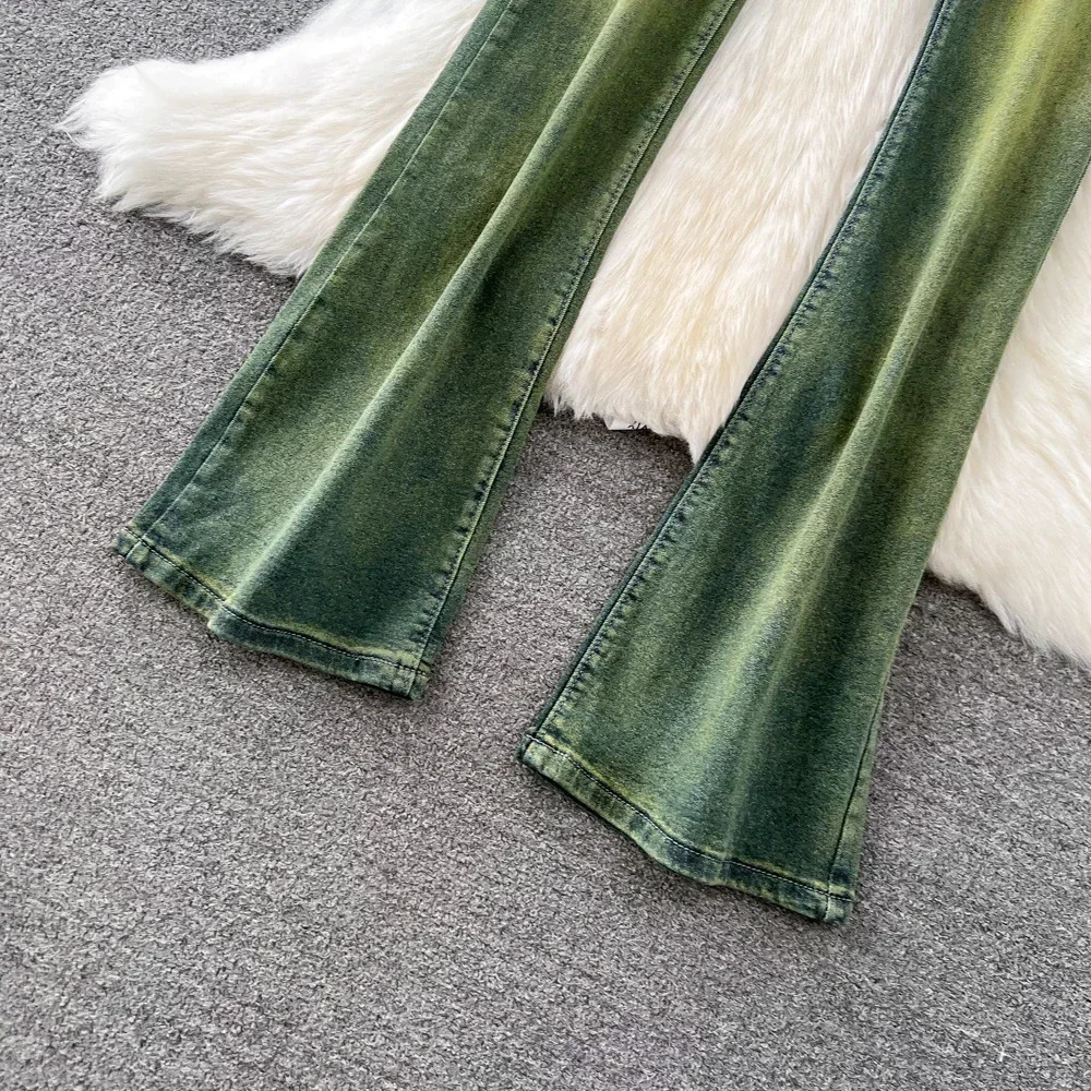 Women Jeans with Front Single Breasted Button Up Flare Pant Slight Bootcut Bell Bottom Denim Pants y2k Tie Dye Green Cloth 240807