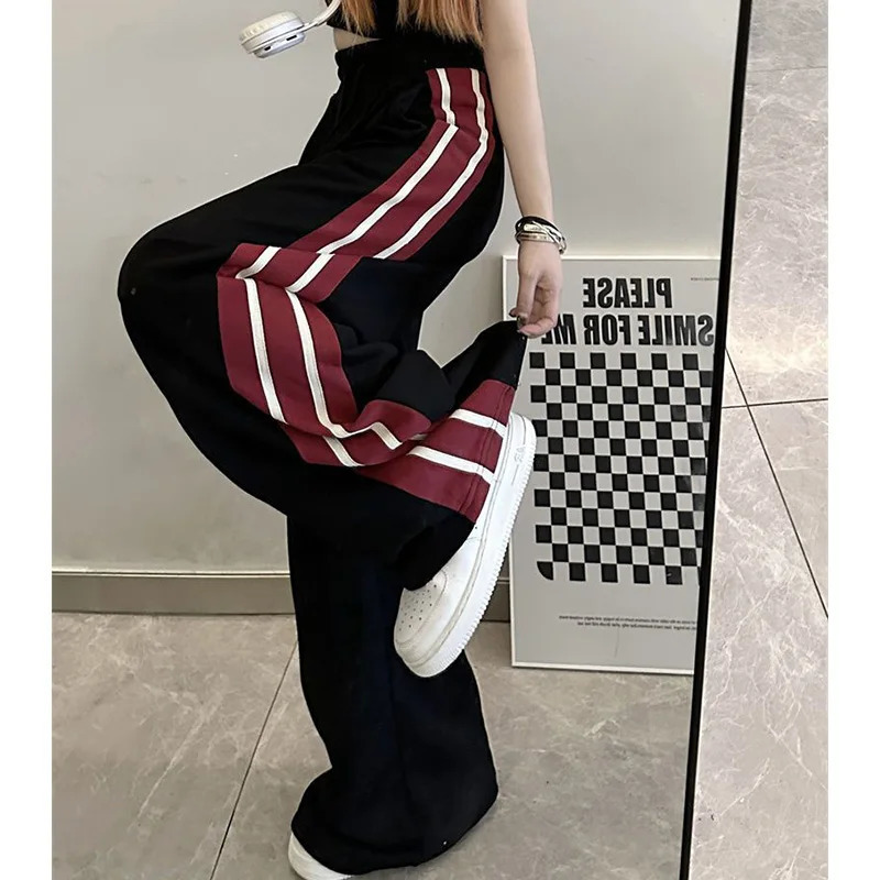 Summer High Street American Casual Pants Women Korean Version Loose Fitting Stripe Print Drawstring Patchwork Pockets Trousers 240807