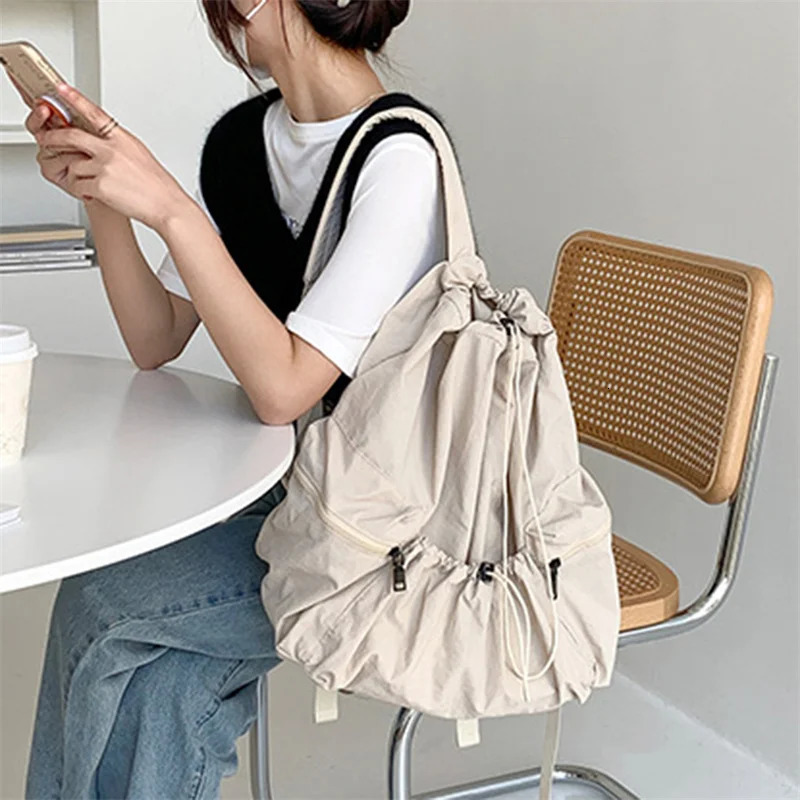 Fashionable Ruched Drawstring Womens Backpack Fashion Nylon Fabric Lightweight Student Travel 240807