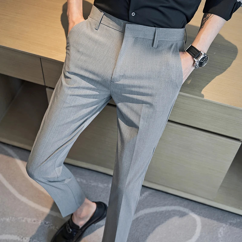 Mens English Style Solid Highwaisted Casual Slim Fit Pants Highquality Dress Business Leisure 36 240806