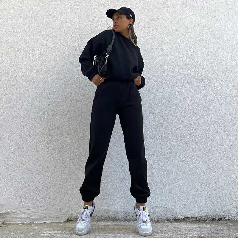 Womens Fall Solid Color Hooded Sweater High Waist Leggings Sports Casual Suit Two Piece Sets Womens Outifits 240807