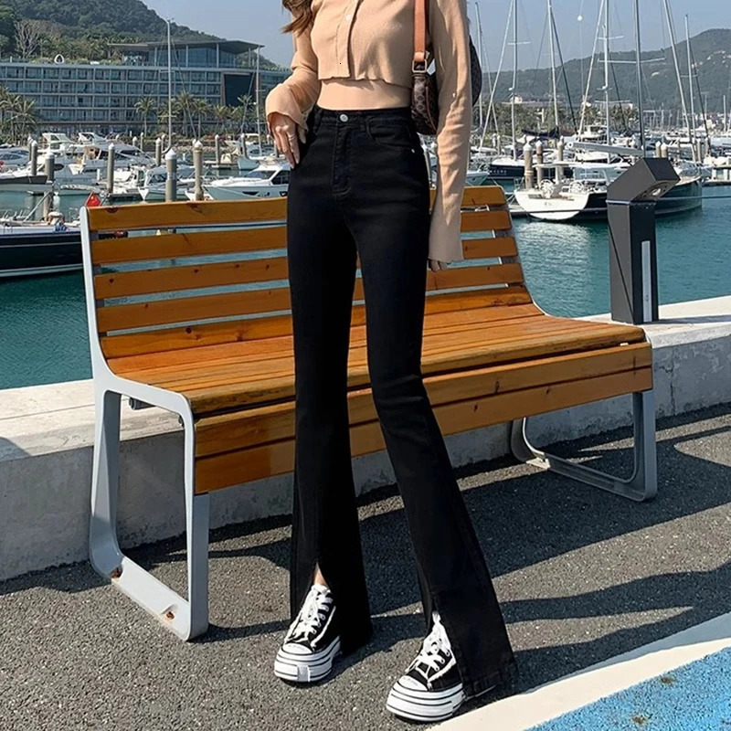 Woman Korean High Waist Flare Jeans Lady Y2k Punk Side Slit Bell Bottom Pants Female Fashion Black Denim Trousers Large Size 240807