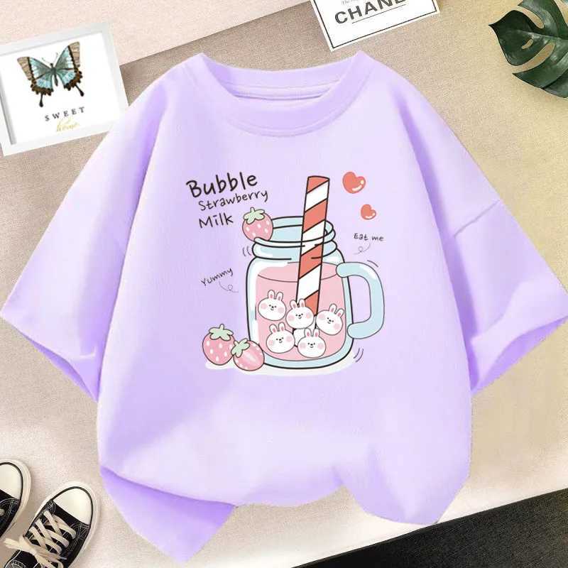 Strawberry juice graphic printed T-shirt girls aesthetic pink top T-shirt 2023 summer new fashion childrens T-shirtW240718