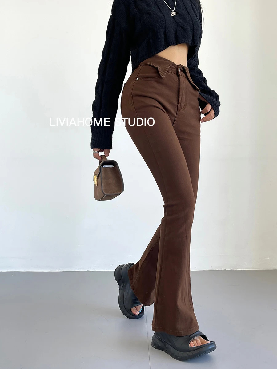 Skinny Tight Stretch Flare Jeans Denim Pant with Turndown Collar high waist y2k pants elegant slim slight bootcut bell bottom 240807