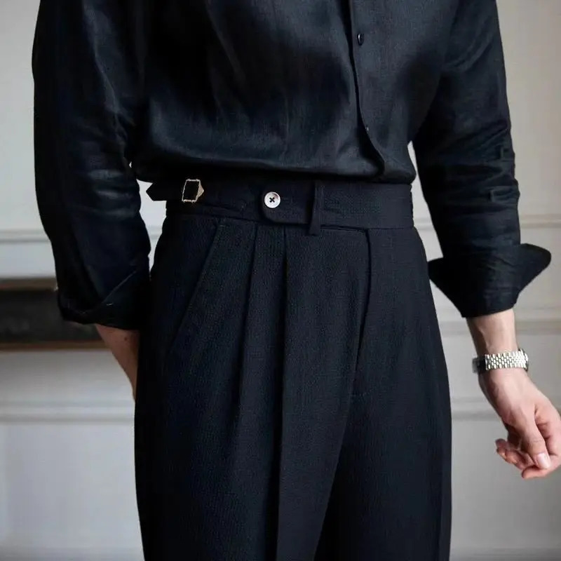Seersucker Naples Suit Trousers Mens British Stylish Highwaisted Belt Design Straight Pants Summer Slim Business Casual 240806