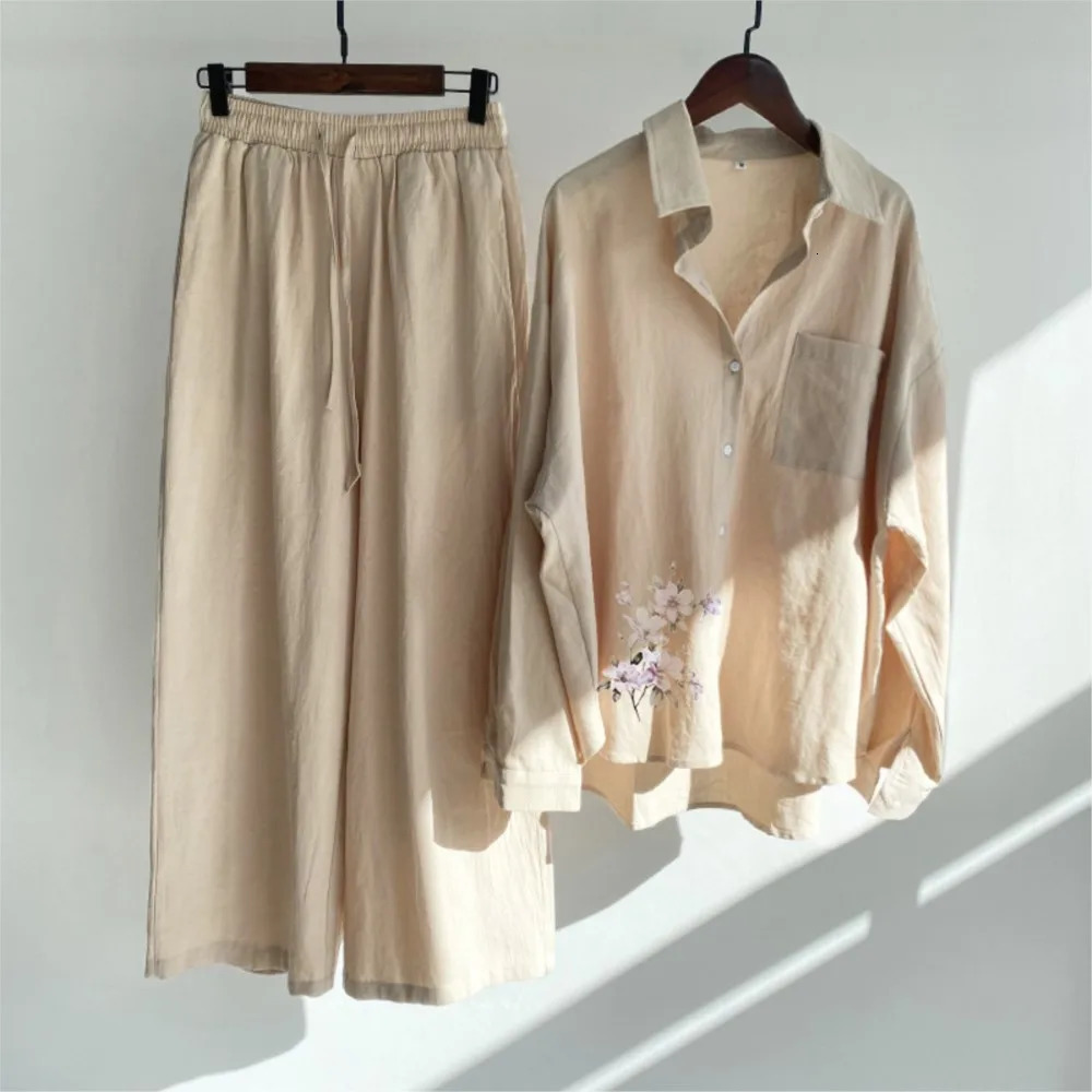 Fashion Cotton Linen Printed Long-sleeved Shirt Womens Suit Spring Autumn Casual Loose Wide-leg Pants Elegant Female 2piece Set 240807