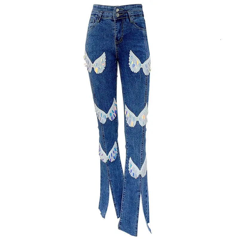 Embroidery Sequin Wing Skinny Tight Stretch High Waist Slim Flare Denim Pant Bootcut Bell Bottom Jeans Women mom y2k oversized 240807
