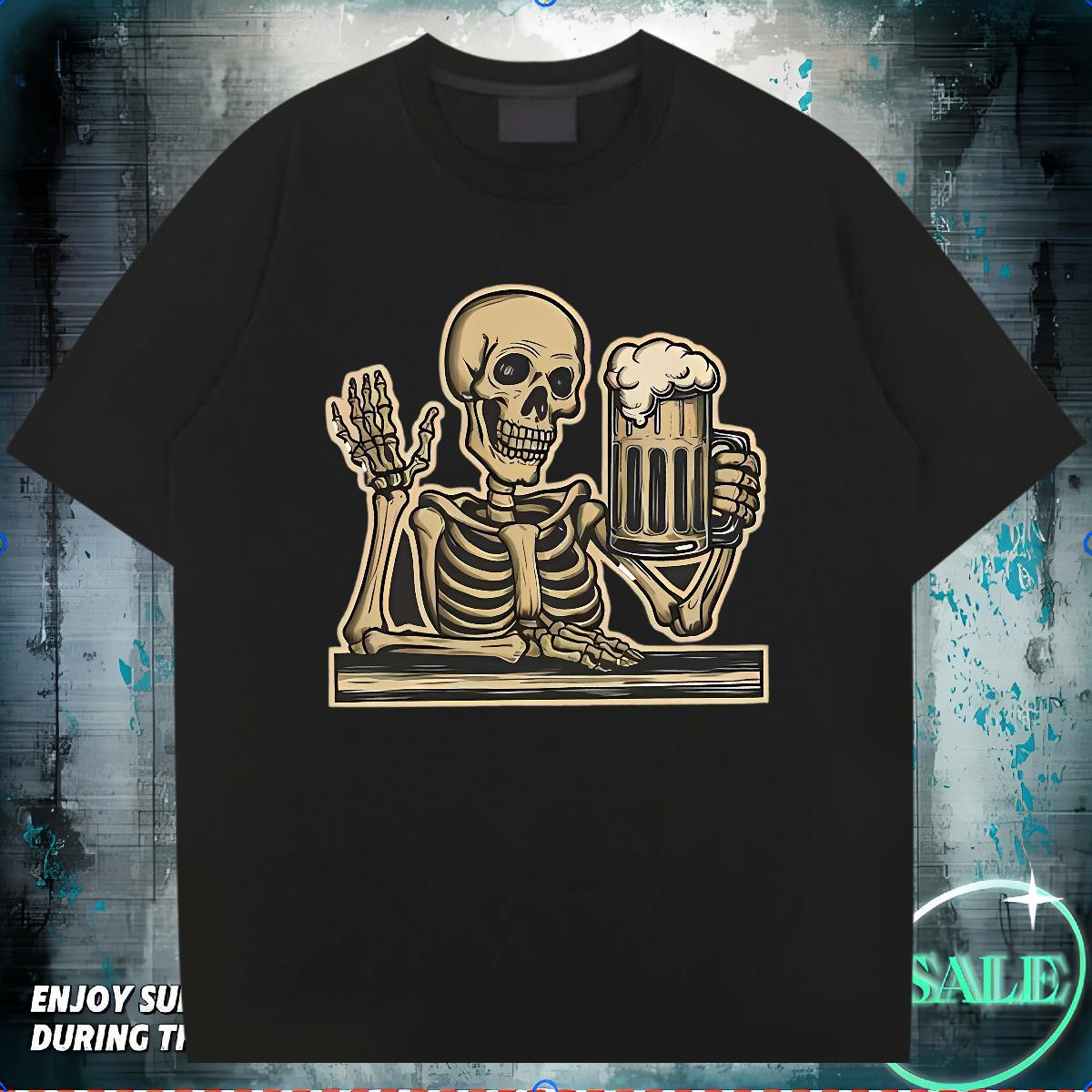 Fashion T Shirts Men beer Tops Shirt 230g 100% Cotton Anime Printing Street Loose Fit DIY Printed Breathable Tshirt for Man Woman