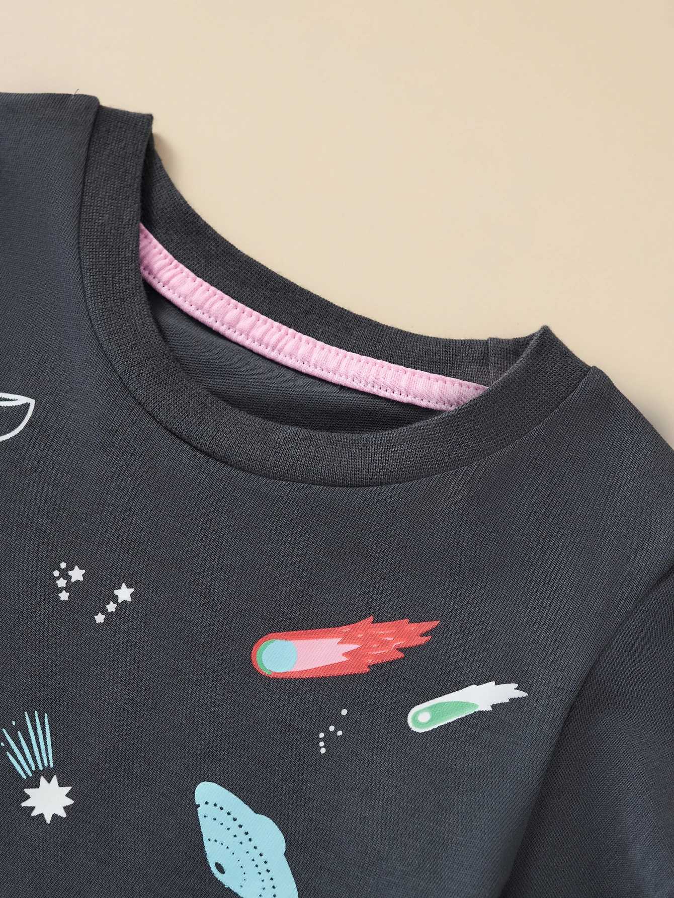 Childrens casual cotton luminous short sleeved T-shirt cartoon astronaut spaceship print summer breathable fashionW240718