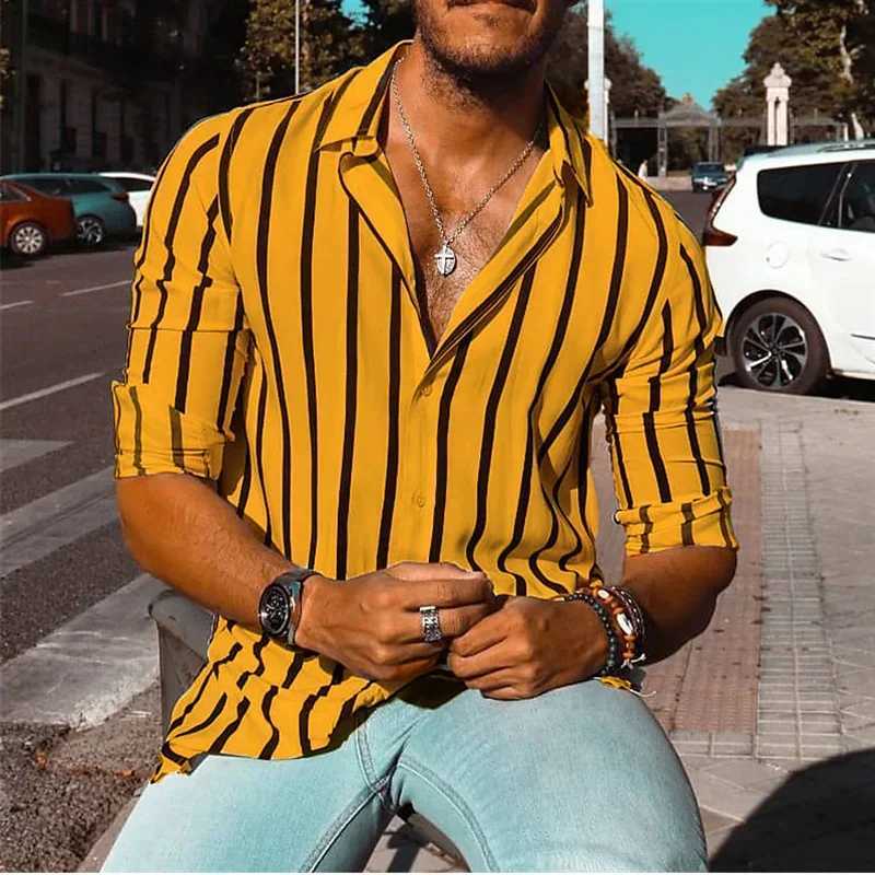 Mens Shirt Button Up Shirt 6XL Summer Shirt Yellow Long Sleeve Striped Lapel Resort Shirt Fashionable Casual ComfortableM240807