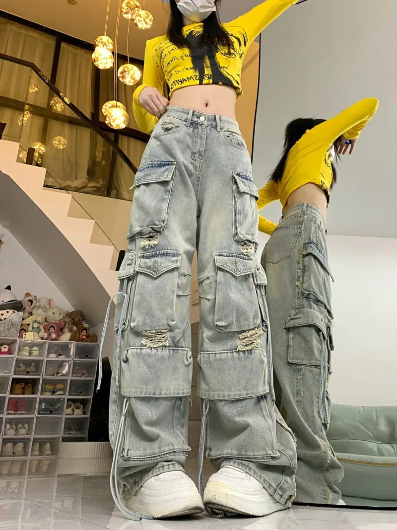 Arican Spice Girl Heavy Industry High Street Multi-Pocket Wide Leg Hip Hop Jeans Y2K High Waist Baggy Straight Pants 240806