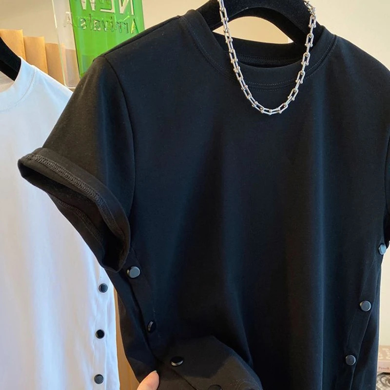 Neploe 2024 Summer Button Splicing O-neck T-shirt Y2k Short Sleeve Loose T-shirt Fashion High Waist White Top for Women240806