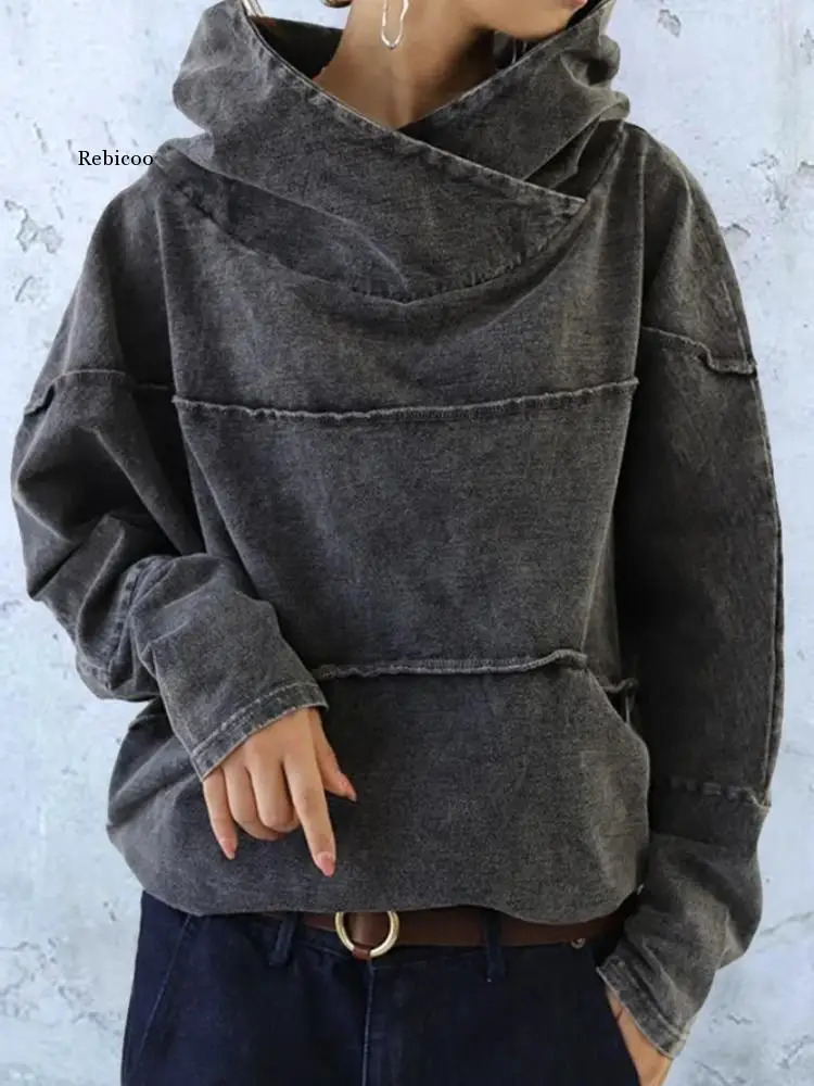 Tool loose washing denim top autumn splicing long sleeved gray hooded sweater street fashion solid color urban leisure 240806