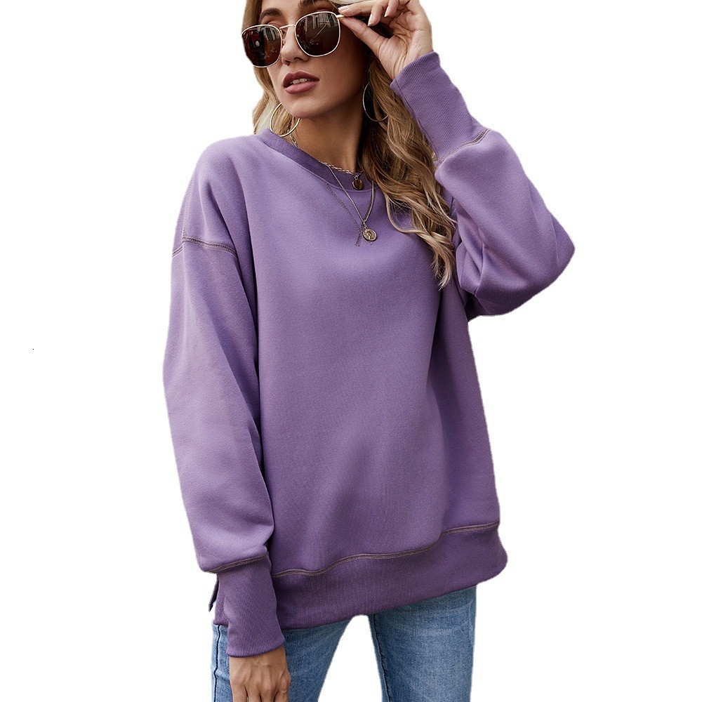 2024 winter new women's clothing hem split round neck pullover with thickened fleece hoodie for women