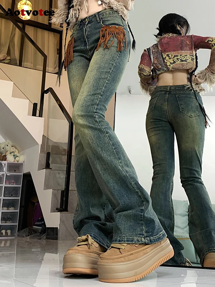 Aotvotee Jeans Woman High Waisted Denim Bell Bottom Pants Tassel Pocket Chic Street Vintage Washed Korean Fashion Jeans 240807