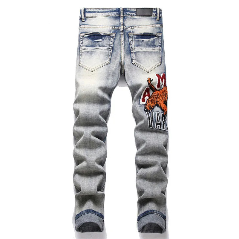 2024 Punk Mens Black and Blue Letter Embroidered Jeans Street Clothing Hole Tear Denim Pants Hip Hop Ultra Thin Hombre Trousers 240806