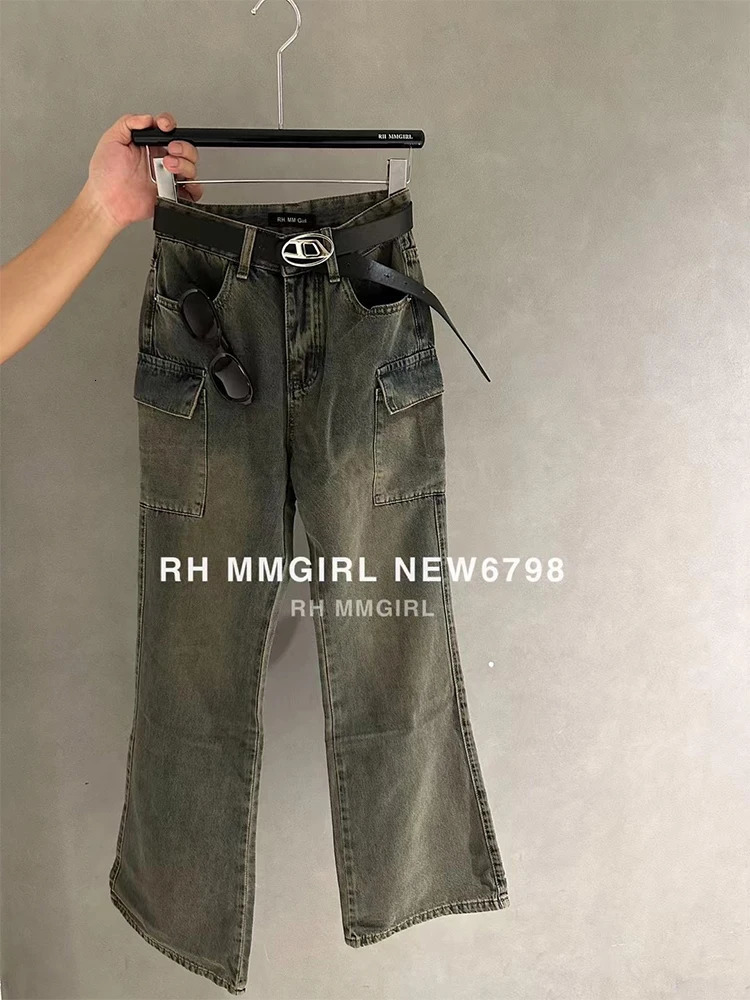 Autumn Winter Women Korean Fashion Denim Bell Bottom Grunge Cargo Pants Vintage Flare Jeans Y2k Japanese Streetwear Punk Gyaru 240807
