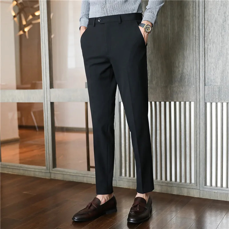 Men Noniron fabric Slim Straight Black Casual Suit Pants Male Business pants Blue Grey Thin Formal Trousers 240806