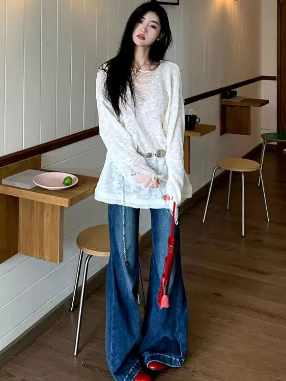 Flare Jeans Low Waist Woman High Waist Y2k Lady Elastic Slim Fit Denim Bell Bottom Pants Female Vintage Retro Blue Trousers 240807