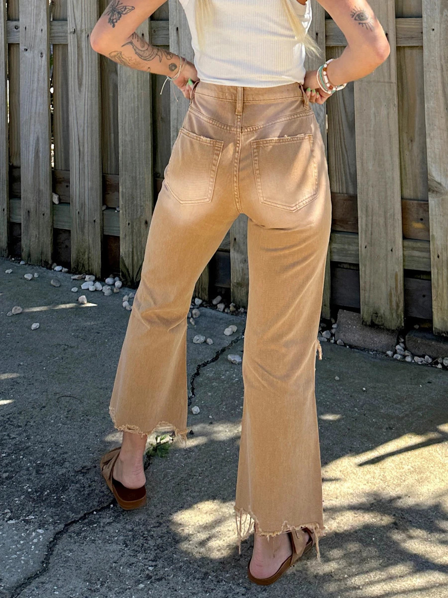 Women s Ripped Jeans High Waisted Cut Out Casual Raw Hem Denim Flared Trousers Pants Bell Bottom Y2K Streetwear 240807